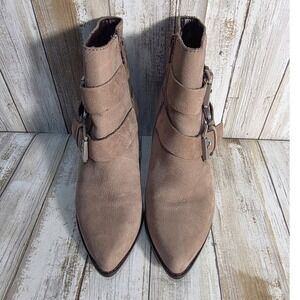 ALDO Taupe Suede Buckle Ankle Boots Block Heel Pointed Toe Women's Size 5